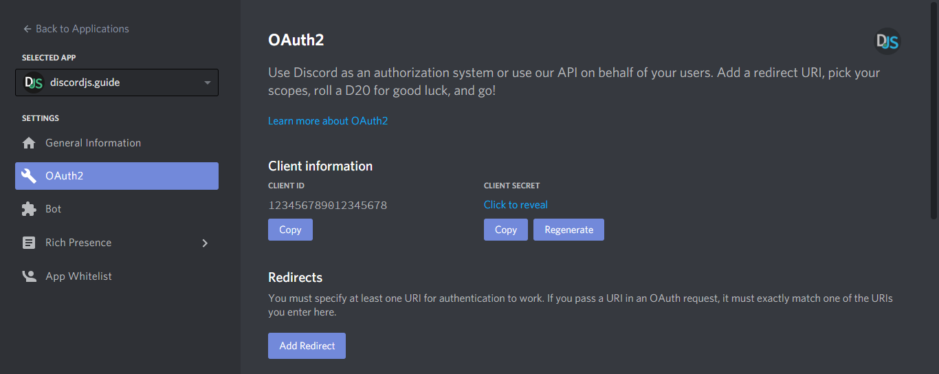 OAuth2 application page